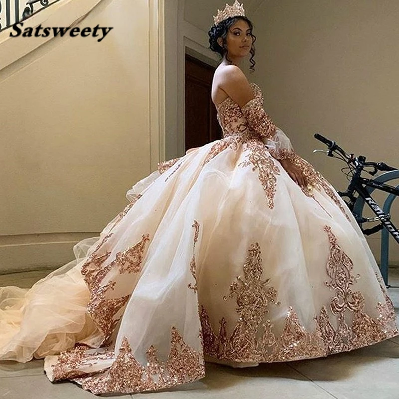 Real Photos Rose Gold Quinceanera Dresses Vestido De 15 Anos Appliques Beads Sweet 16 Dress Masquerade Prom Birthday Party Gowns - AliExpress