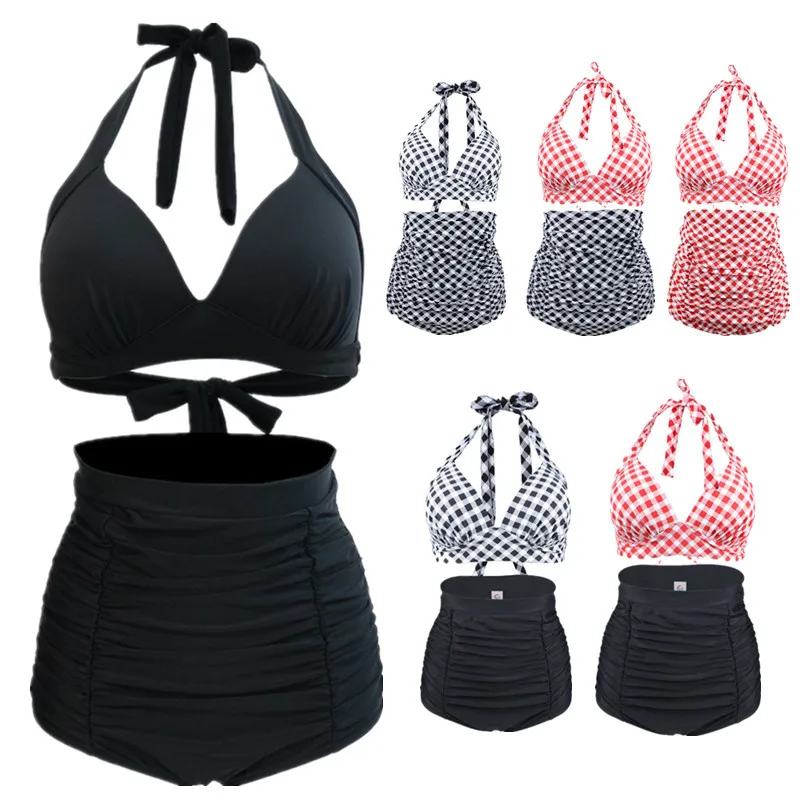 S-3XL, женский купальник с высокой талией, Холтер, в клетку, черный, комплект бикини, высокая талия, купальник размера плюс, купальник, бикини, танкини