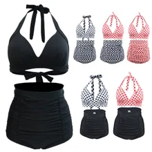 S-3XL, женский купальник с высокой талией, Холтер, в клетку, черный, комплект бикини, высокая талия, купальник размера плюс, купальник, бикини, танкини