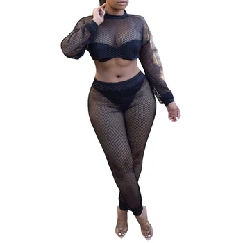 

Hot Summer Women Sexy Long Sleeves Casual Beach Cover-Ups Female Party Club Mesh Sheer Long Pants Suits Fashion Holiday Outfits