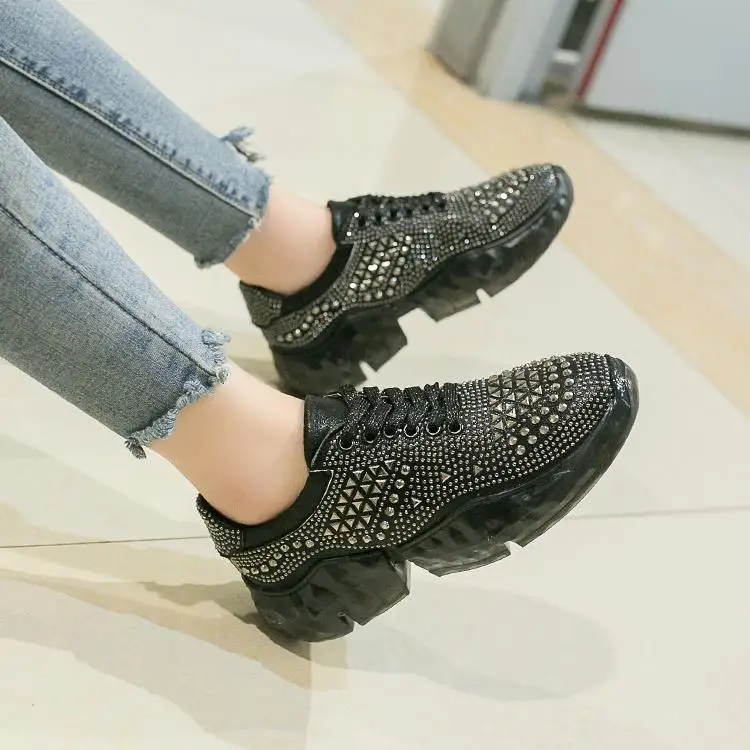 

Shimmer Diamond Embellishments Women Casual Shoes Black Silver Leather Female Trainers Shoes Lace Up Sneakers Rubber Tennis Shoe