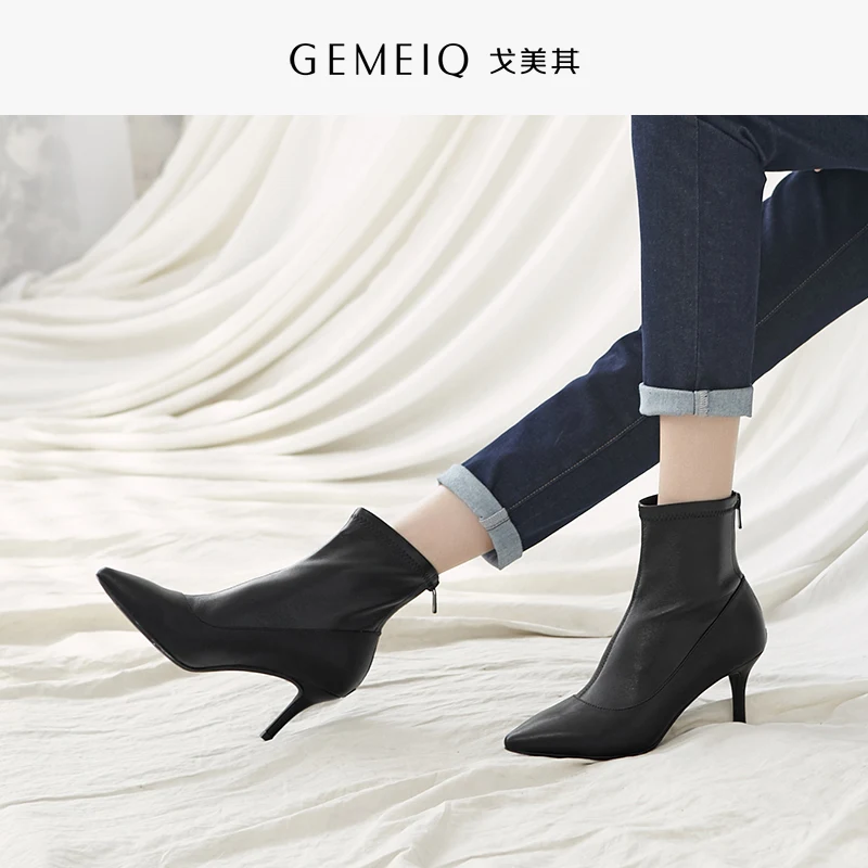 

GEMEIQ 2019 Winter New Women's Boots European and American Style Zipper Short Boot Women's Sharp Thin High Heeled Fashion shoes