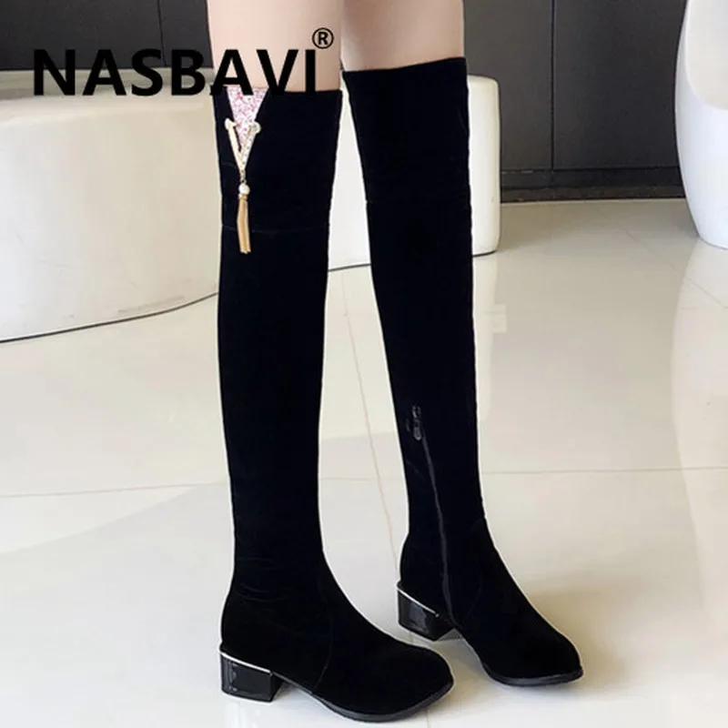 

New Women Boots Ladies Retro Over Knee mid heel Shoes Long Tube Boots Female Metal rhinestone Fashion 2019 Autumn Winter boots