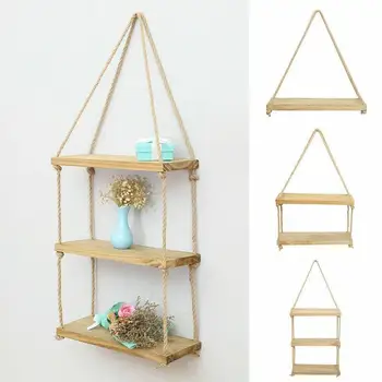 

1 2 3 Tier Rustic Wooden Hanging Rope Shelf-Handmade Solid Wood Floating Shelves Home Decorative Wall Mounted Rack