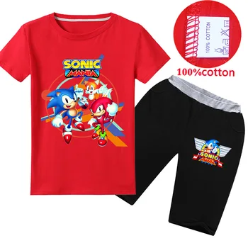 

Cartoon Spring Summer Cotton Boys Girls Sonic Hedgehog T-shirt Top Kids Clothes Leisure Streamers Pants Children Tracksuit Sets