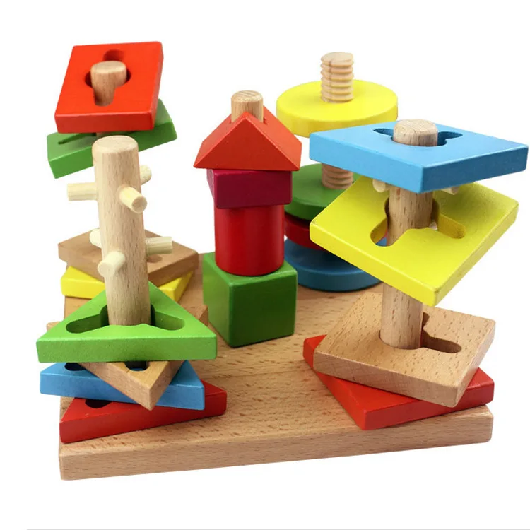 

Baby Wooden Educational Force Toy Five Case Column Wooden Toys Wood Geometric Shapes Disassembly Building Blocks Toy
