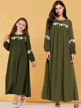 

Green, pastel embroidered, long-sleeved, bubble-sleeve, long-sleeve Muslim dress for girls in 2019