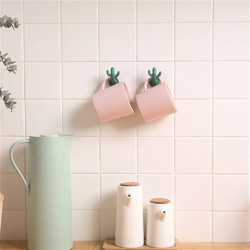 Cute Cactus Hooks Strong Adhesive Suction Cup Key Hook Holder Kitchen Bathroom Wall Sticky Hooks Door Behind Towel Storage Rack