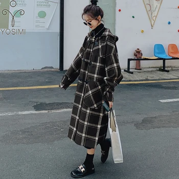 

YOSIMI Women Wool Coat 2020 Autumn Winter Full Sleeve with Hooded Plus Large Size Maxi Loose Black Plaid Long Women Woolen Coat