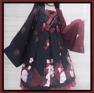 dress-haori Японское милое платье лолиты в стиле ретро с оборками и бантом, с v-образным вырезом, с высокой талией, милое платье с принтом в викторианском стиле, kawaii, Готическая Лолита, jsk - Цвет: dress-haori
