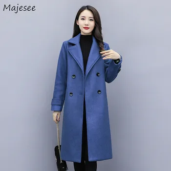 

Blends Women Large Size 4XL Elegant Winter Thicker Double Breasted Pockets Turn-down Collar All-match Harajuku Simple Casual New
