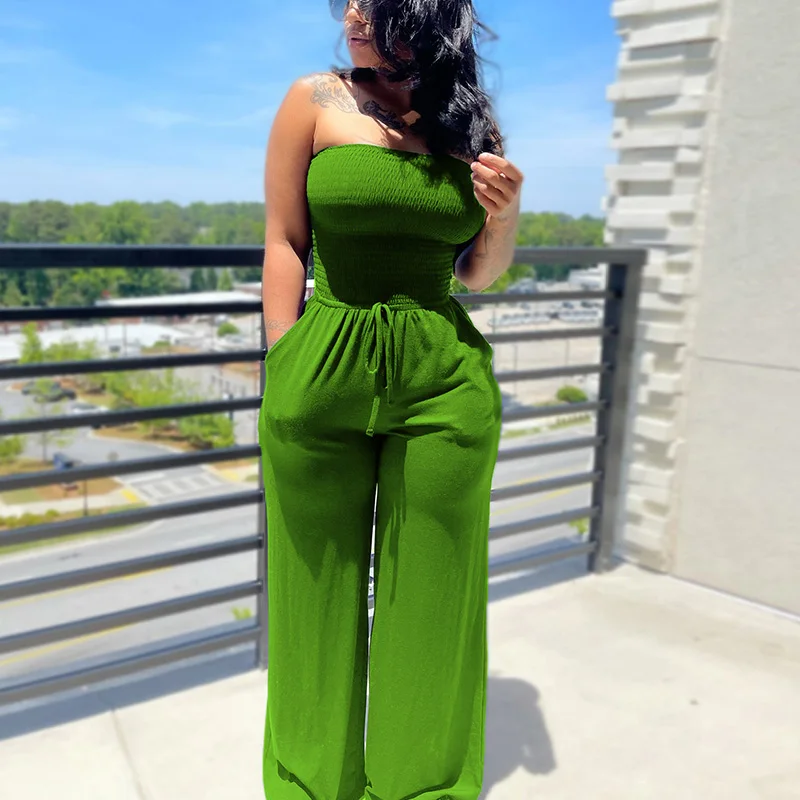 Summer Women Jumpsuit Bandeau Solid Tube Backless Sleeveless Belt Folds Fashion Sexy Fuzzy Overalls 2021 |