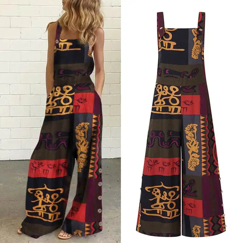 

5XL Female Print Playsuits Vintage Suspender Overalls Women's Summer Jumpsuits 2020 VONDA Casual Square Neck Rompers Long Pants