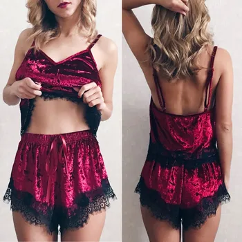 

Sexy Lace Velvet Sleepwear Suit Women Solid Color V-Neck Camisole Bow Shorts Pajama Sets Koronkowa Pizama 2020 Drop Shipping