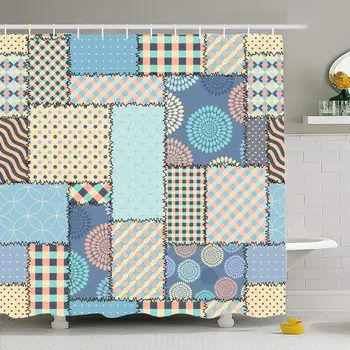

Shower Curtain Set with Hooks 60x72 Pattern Sew Curve Quilt Blue Retro Repetition Cloth Square Backdrop Beauty Grunge Fashion