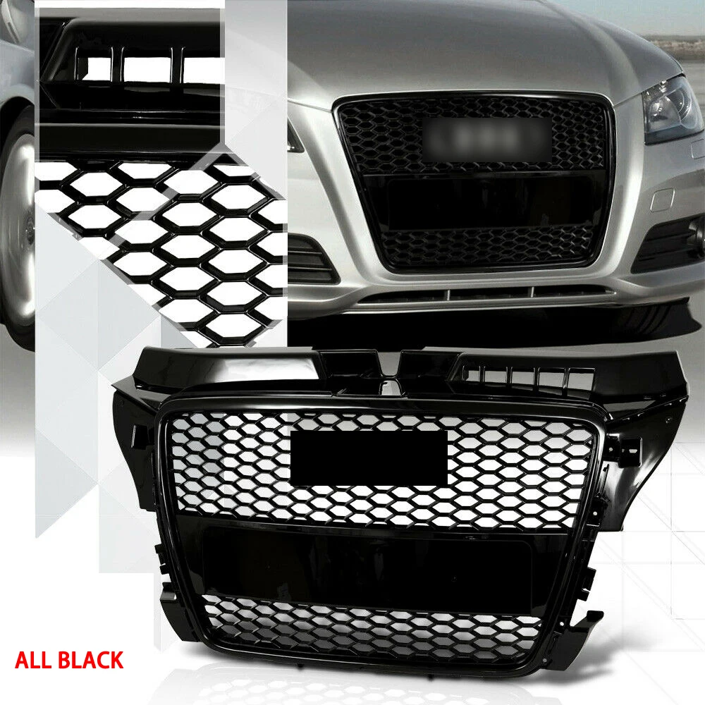 

Front Sport Hex Mesh Honeycomb Hood Grill Gloss Black Euro license plate holder For RS3 Style for Audi A3 S3 8P 2008-2012