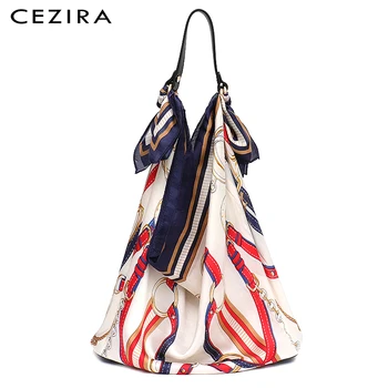 

CEZIRA Brand Design Women Silk Scarf Handbag Ladies Fashion Style Shoulder Bag Soft Silk PU Handle Tote Female Chic Bucket Bolsa