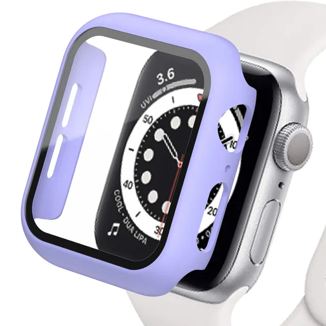 Glass+Case For Apple Watch Serie 7 6 5 4 3 2 1 SE 45mm 41mm iWatch Case 44mm 40mm 38mm 42mm Bumper Screen Protector+Cover Watch purple