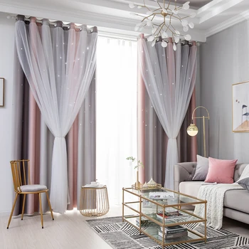 

Double-Layer Window Curtain Drapes Curtain Panel Yarn Curtain Star Pattern Eyelet Overlay Hollow Out Drapes Bedroom Curtain D30