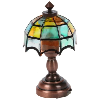 

Bronze Metal 1:12 Dollhouse Miniature LED Desk Lamp Model with Multicolor Umbrella Shape Lampshade