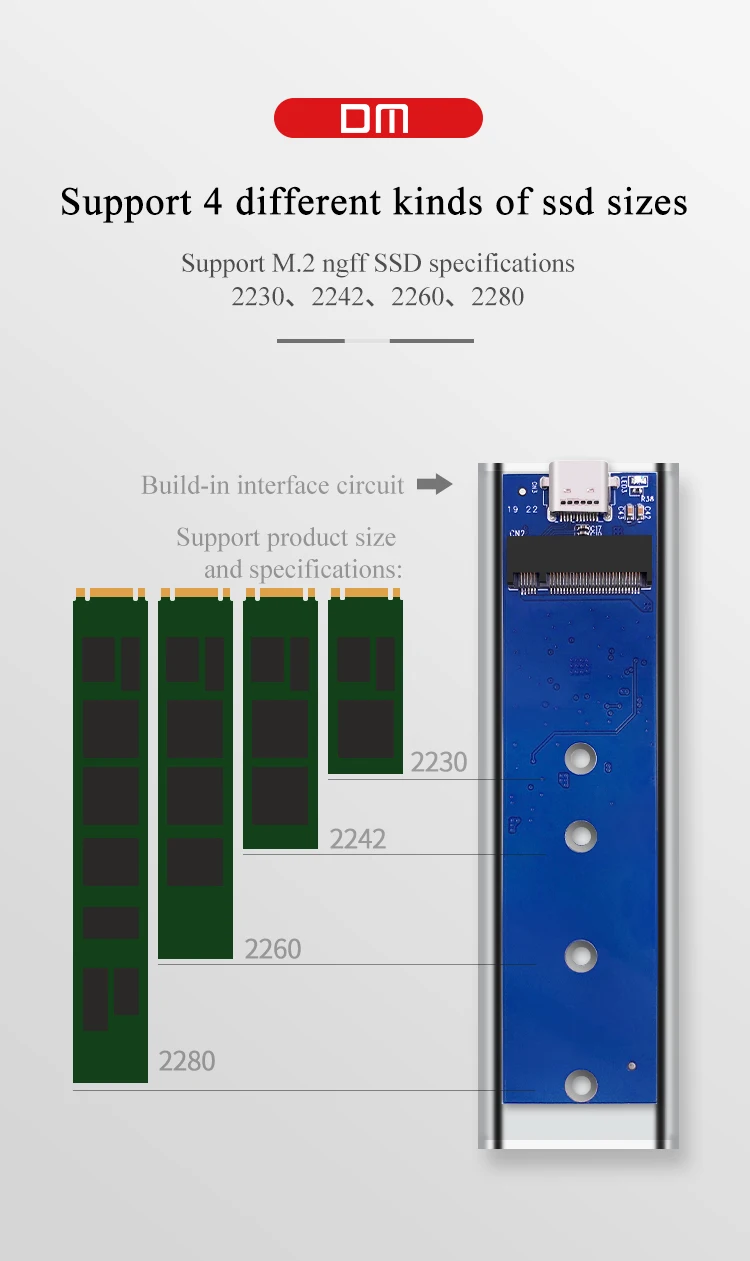 DM M.2 NGFF на TYPE C 3,1 внешний жесткий диск SSD корпус для M.2 SATA SSD USB 3,1 2230/2242/2260/2280