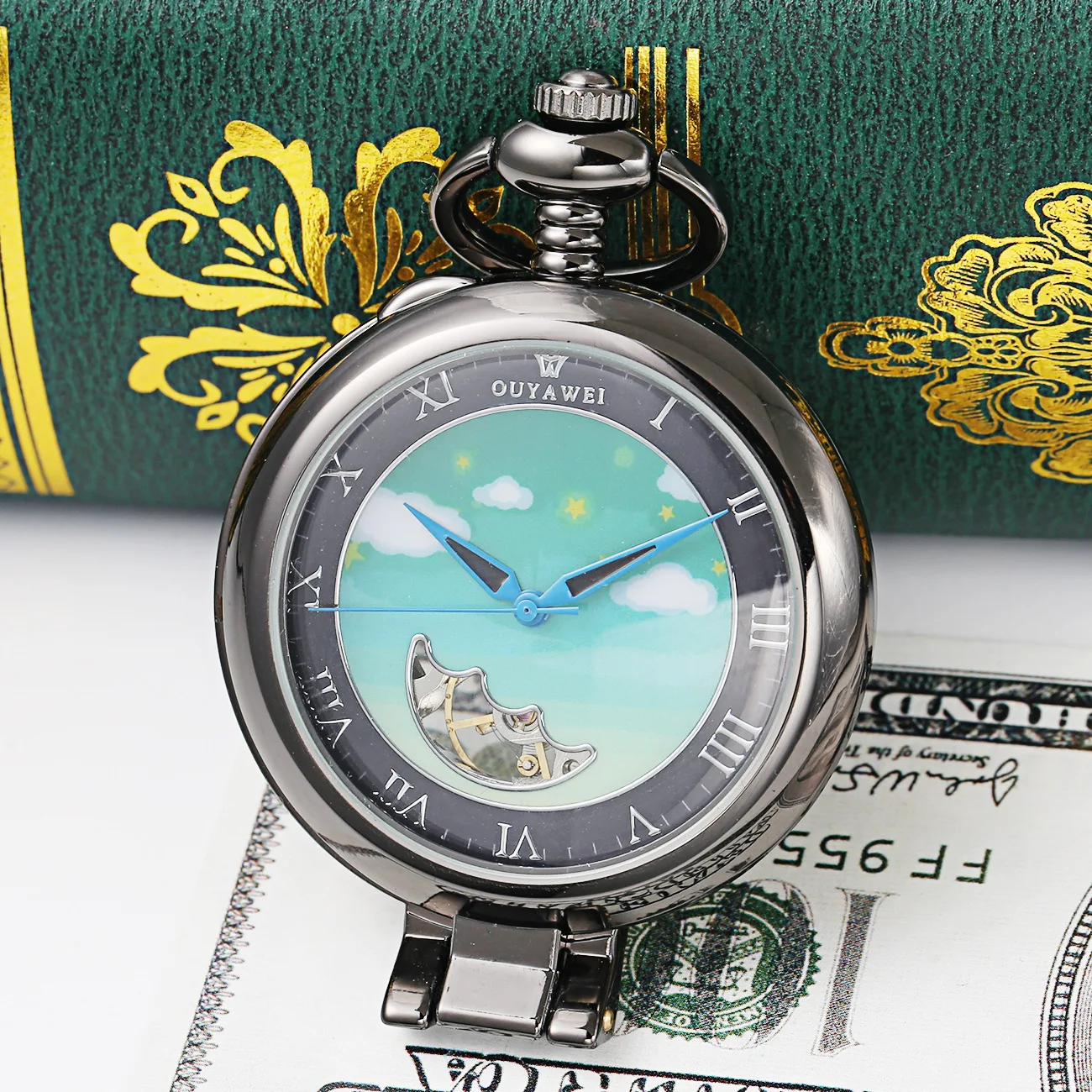 

Douyin Hot Selling europe-asia wei Bottom Cover Transparent Movement Flip Vertical Type Retro Machinery Watch Pocket Watch