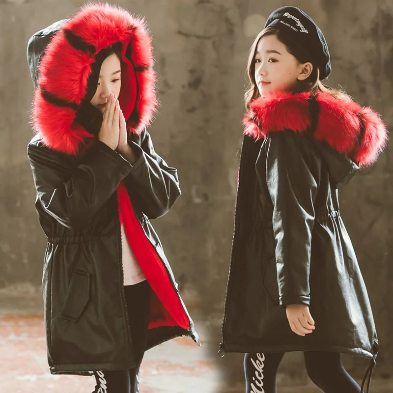 

Girl'S Coat Childrenswear 2019 Winter New Style Korean-style Jacket Big Boy Children Winter Large Fur Collar plus Velvet Leather