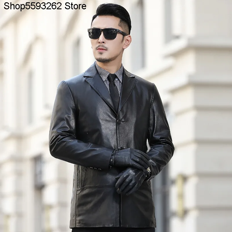 

Haining Genuine Leather Leather Coat Men Head Layer Cowhide Medium Length Leather Suit Slim Fit Genuine Leather Suit Autumn