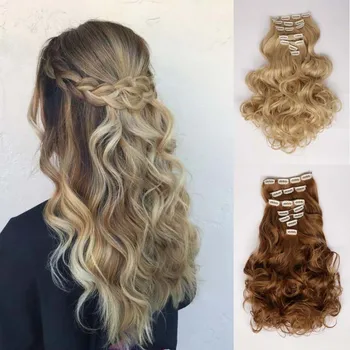 

AOOSOO long Synthetic Hair Clip In Hair Extension Heat Resistant Hairpiece Natural Wavy Curly Fake Hair brown blond