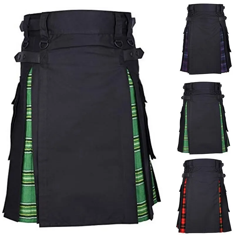 MJartoria шотландские мужские Kilt традиционный ремень в клетку плиссированные двусторонние цепи коричневый готический панк шотландские брюки юбка