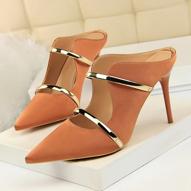 

Women Thin High Heels Silk Slippers Summer Thin Heel Slides Woman Pointed Toe Flip Flops Sexy Sandal Shoes DS-B0241
