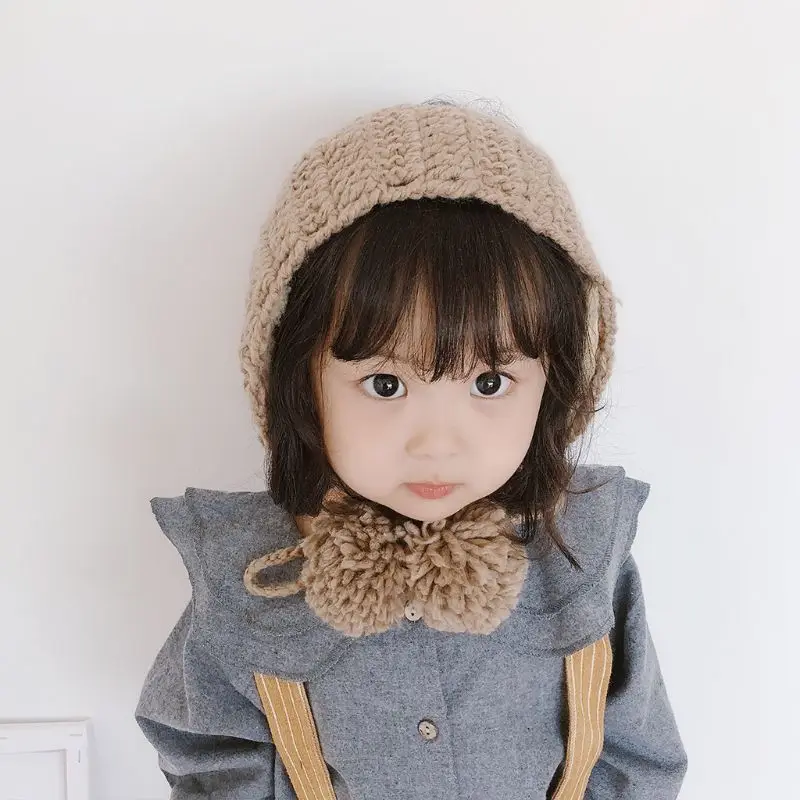 Children Girls Boys Crochet Knit Winter Hat Thicken Plush Lining Earmuff Solid Color Cute Pompom Ball Ear Warmer with Chin Strap