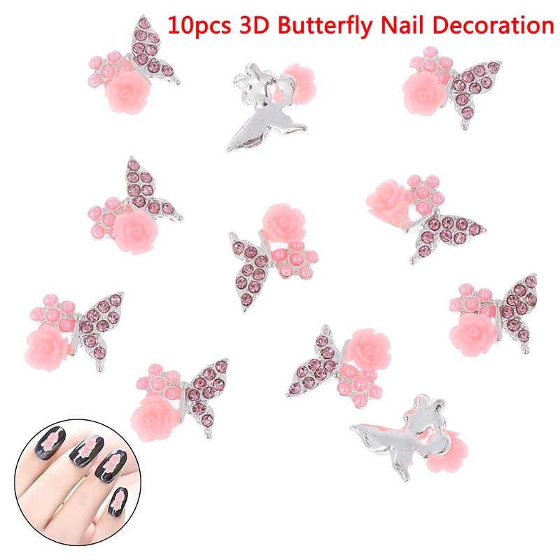 Crystal Rhinestones For Nail Art Decoration 10pcs/bag 3D Pink Butterfly Jewelry Nail Art Glitter Silver Alloy Manicure Supplies