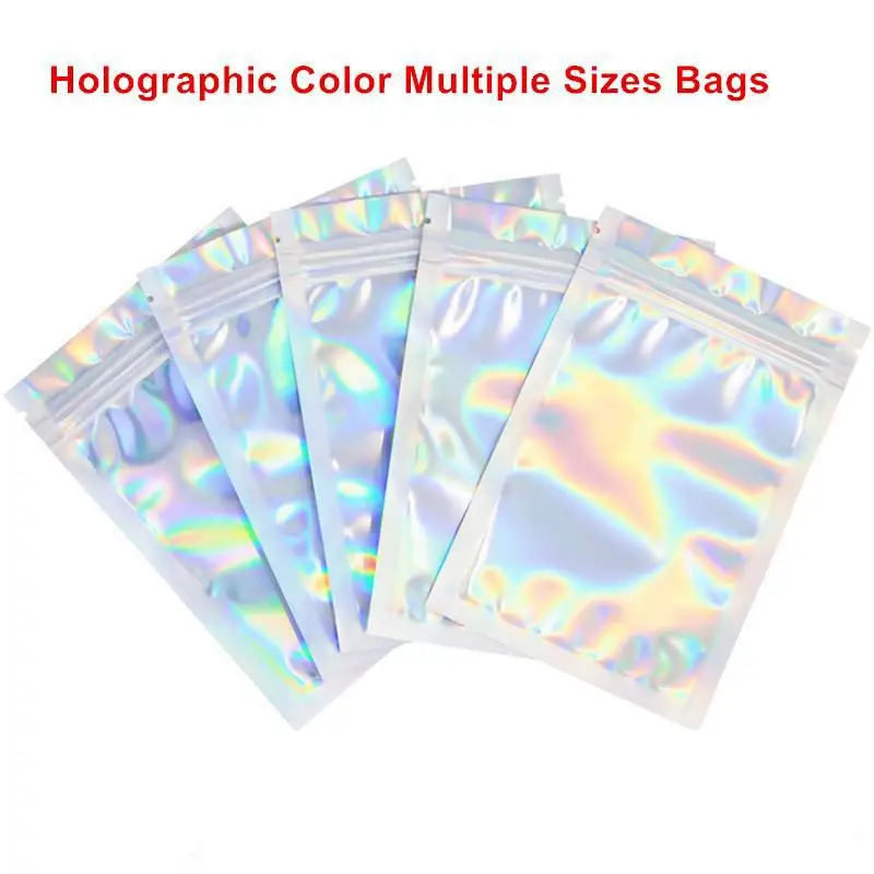 Resealable-Mylar-Bags-Holographic-Color-Multiple-Size-Smell-Proof-Bags-Clear-Zip-Lock-Food-Candy-Storage.jpg Learealsikai Mylar Backs Holografikus Színű Több Méretű Szaggalálló Zsákok Tiszta Cipzárral Rendelkező Ételek Cukorkák Tárolócsomagoló Táskák - Image 2