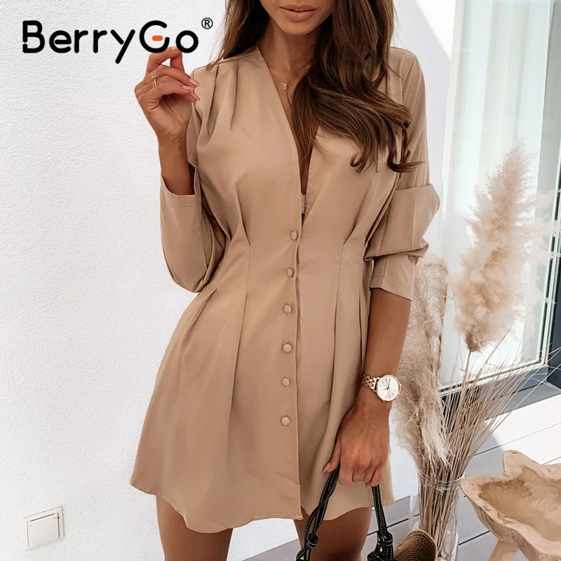 BerryGo V-neck dresses for women High waist long sleeve buttons dress casual A-line fitted Office ladies autumn dress 2020 BerryGo V-neck dresses for women High waist long sleeve buttons dress casual A-line fitted Office ladies autumn dress 2020