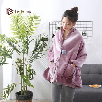 

Liv-Esthete Warm Flannel Sherpa Pink Blanket With Pocket Sweatshirt Sport Blankets Outdoor Sofa TV Travel Blanket Adult Bathrobe