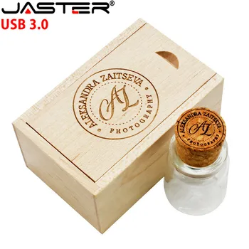 

JASTER USB 3.0 drifting bottle usb with wooden box flash drive wishing cork pendrive 4GB 8GB 16GB 32GB wedding gift