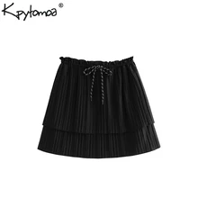 Винтаж с милыми рюшами, женская обувь на низком каблуке; однотонная плиссированная мини-юбка Для женщин модная эластичная кулиска на талии стильные юбки Faldas Mujer