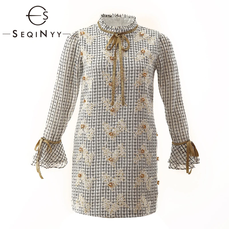

SEQINYY Mini Dress 2020 Spring Autumn New Fashion Design Women High Quality Golden Flowers Plaid Beading High Quality Dress