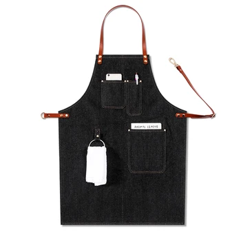 

Removable Casual Bib Apron Barista Work Leather Strap Adjustable BBQ Multi Pocket Uniform Baker Denim Chef Bartender