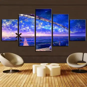 

Canvas Painting Wall Art Frame HD Printed 5 Piece Shining Stars/Flying Car Anime Scenery Poster Modular Home Decor Train Picture