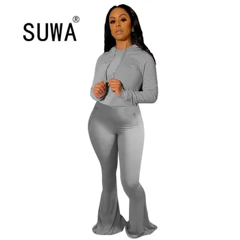 

Wholesale Women Clothing Sets Hooded Tops Wide Leg Flare Pants Stacked Joggers Suit Tracksuit Sport Two Piece Set Fitness Outfit