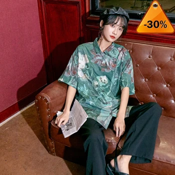 

Shirt Women Hawaiian Green Van Gogh Oil Painting Print Blouse Loose Plus Size Holiday Tops Short Sleeve Shirt 2020