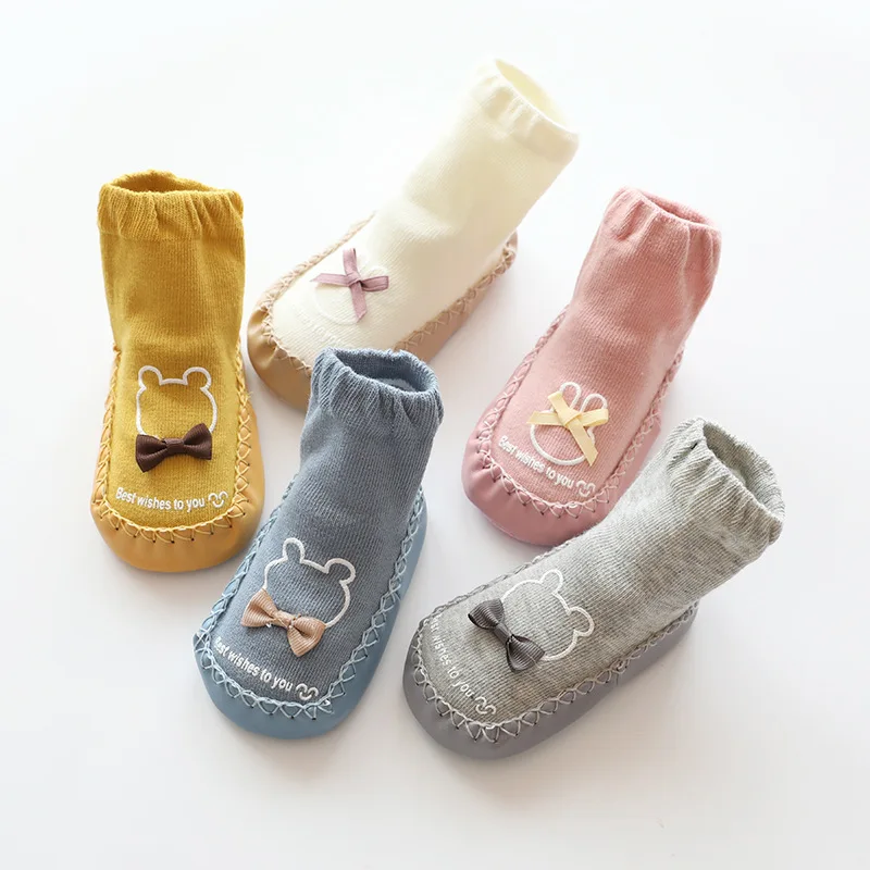 

Spring and Autumn New Style Children's Slip-on Leather Sole Anti-Slip Baby Floor Socks Cartoon Bow