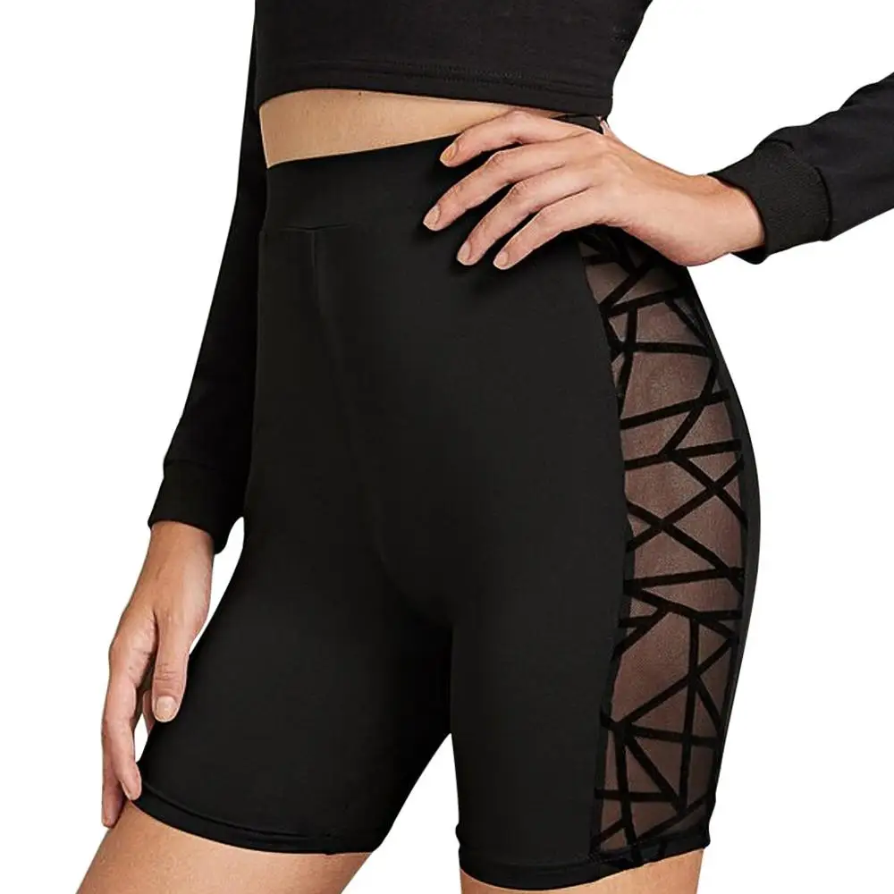 Черный Women Yoga Shorts High waist solid color Hollowing Out Elastic Sport stretch fit women shorts running dames legging W - Цвет: Черный