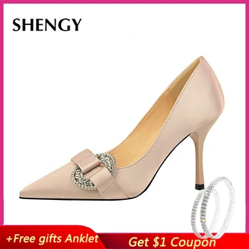 

SHENGY Microfiber Fashion 9cm Women High Heels Shallow Satin Pumps Pointed Toe Party Autumn Spring Thin Heels Women High Heels