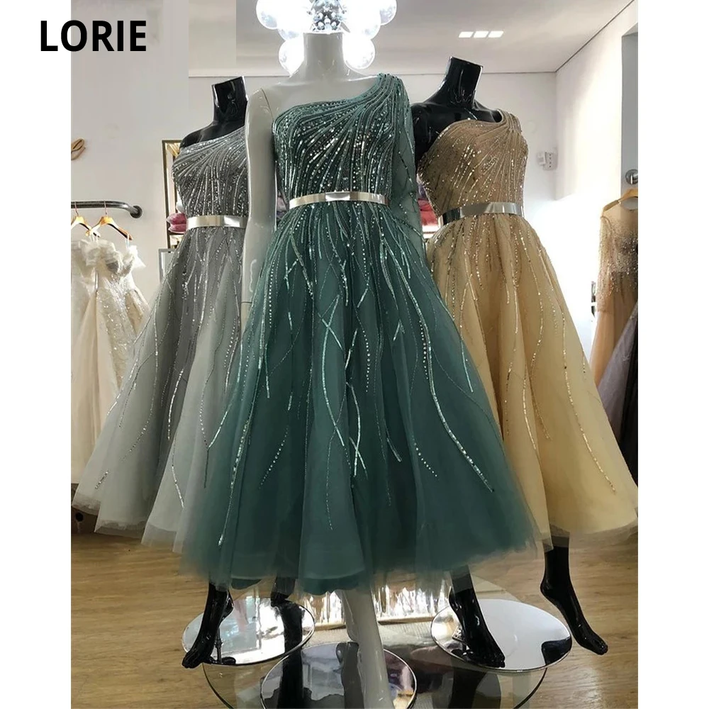 

Lorie короткие саудовские арабские пыльные синие платья на одно плечо с бусинами длинным рукавом Дубай Длинные вечерние платья