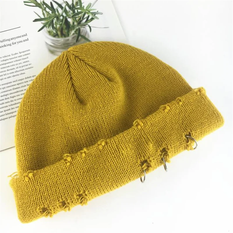 Unisex Winter Knitted Beanie Hat with Pins O-Ring Vintage Distressed Hole Solid Color Hip Hop Stretch Cuffed Skull Cap 