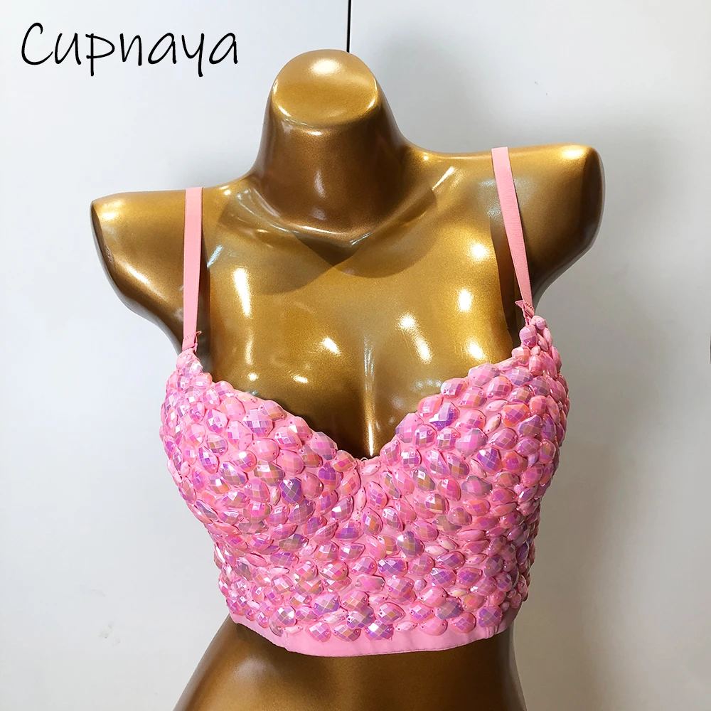Cupnaya Pink Crystal Women Sexy Spandex Crop Top Spaghatti Strap Bustier  Inside Tube Camisole Corset Bralette Shiny Clubwear