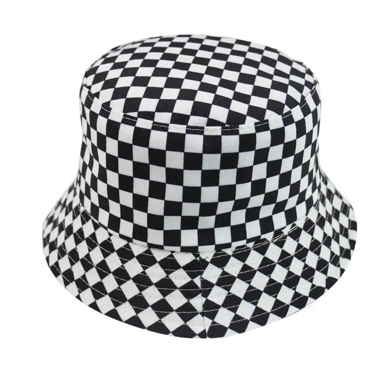Fashion Black White Plaid Check Bucket Hats Fishing Caps Women Mens Reversible Fisherman Hat boy girls summer Panama